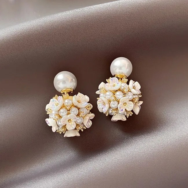Fashion Flower Ball Pearl Shell Golden Jewelry Gift For Women Earrings Studs