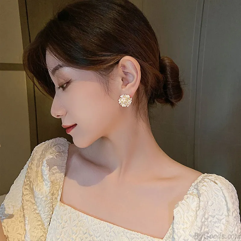 Fashion Flower Ball Pearl Shell Golden Jewelry Gift For Women Earrings Studs