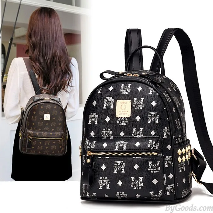 Leisure Student Bag Rivet Soft Pu Women College Backpack