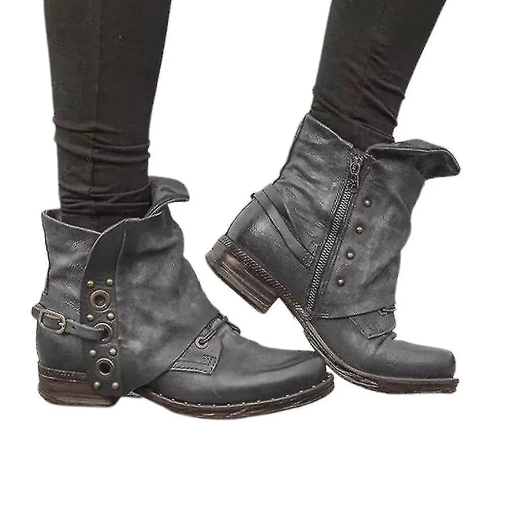 Mujer Retro Biker Botines Botines Block Heel Zipper Casual Shoes