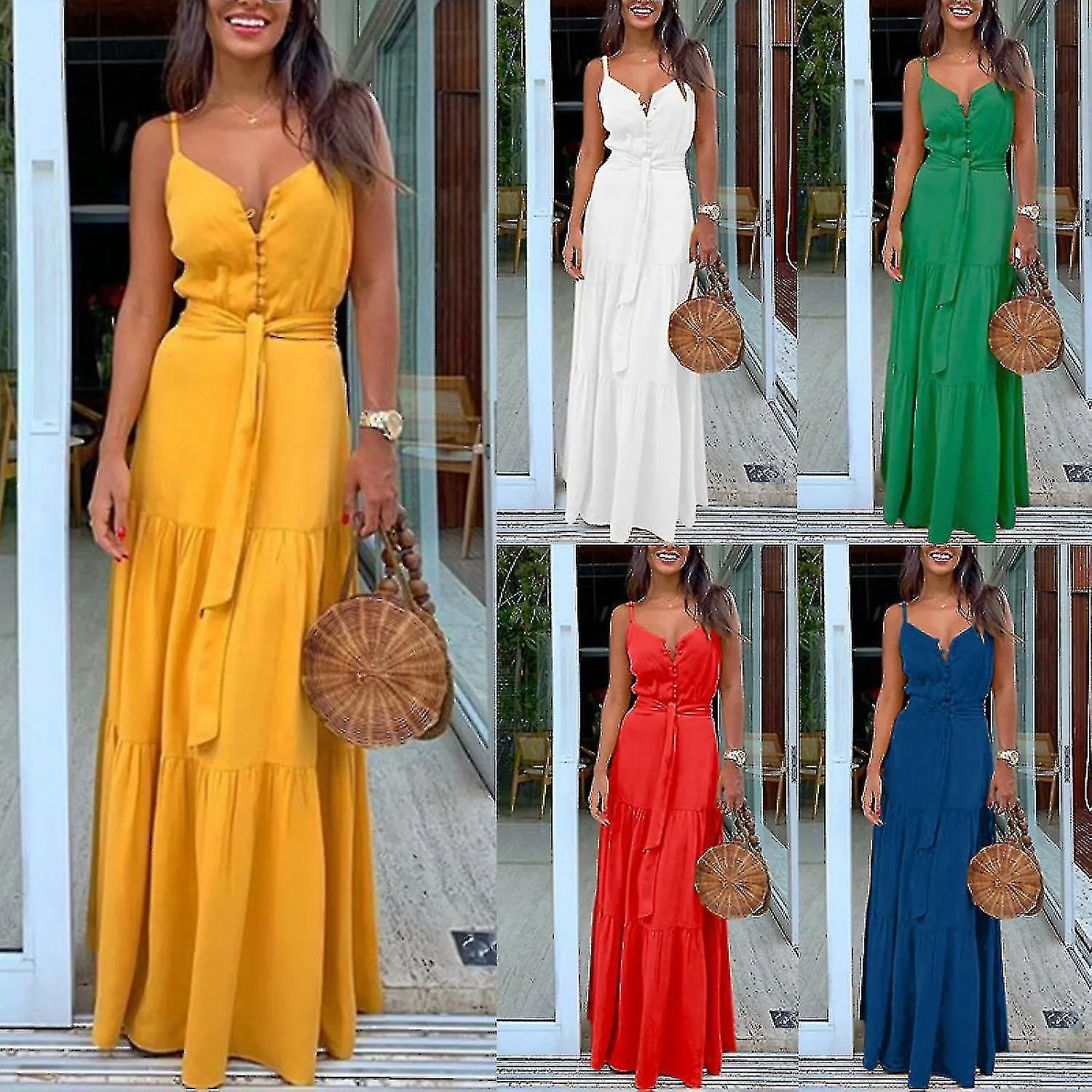 Mujer Sin mangas Deep V Cuello Suelto Liso Largo Maxi Vestido Casual