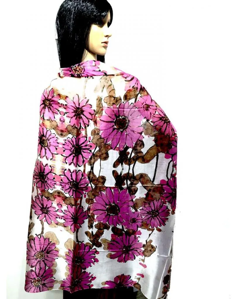 PAÑUELOS SEDA FUCSIAS Y BLANCOS CON FLORES VISTOSAS