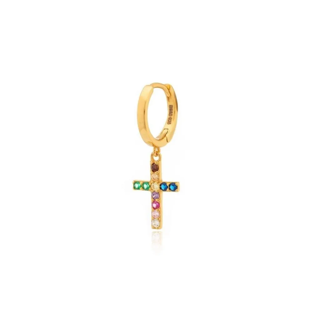 Pendiente suelto mini CROSS de plata de ley chapada con multicirconitas de color