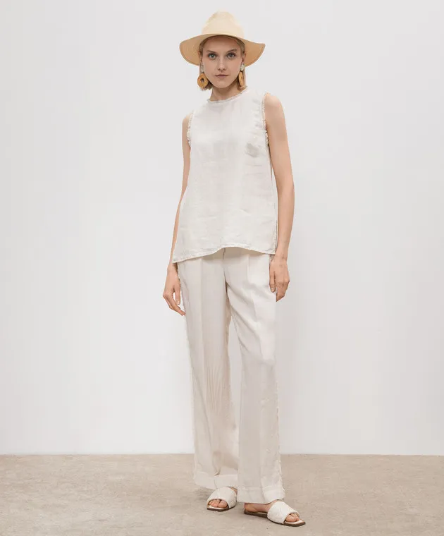 Peserico Beige linen pants with fringe