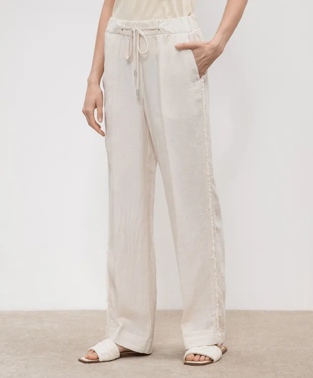 Peserico Beige linen pants with fringe