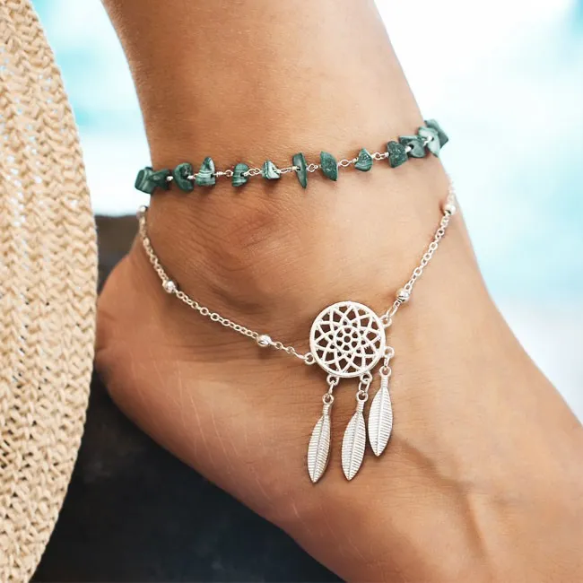 Retro Catcher Irregular Turquoise Bracelet Feather Openwork Dream Pendant Beach Anklet