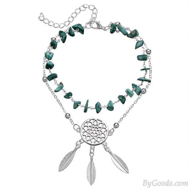 Retro Catcher Irregular Turquoise Bracelet Feather Openwork Dream Pendant Beach Anklet