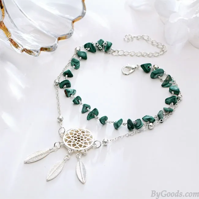 Retro Catcher Irregular Turquoise Bracelet Feather Openwork Dream Pendant Beach Anklet