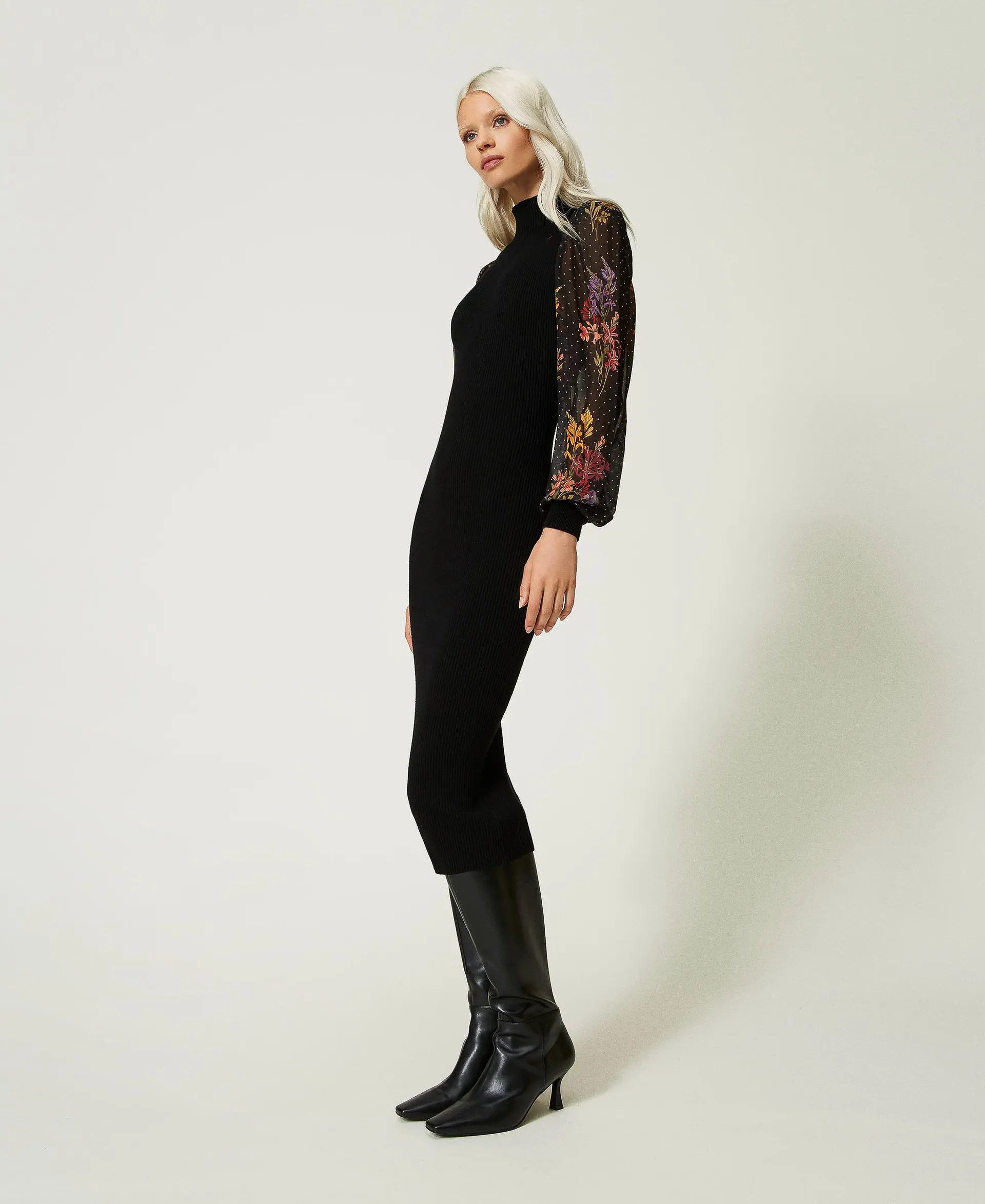 Robe midi en maille et crêpe georgette