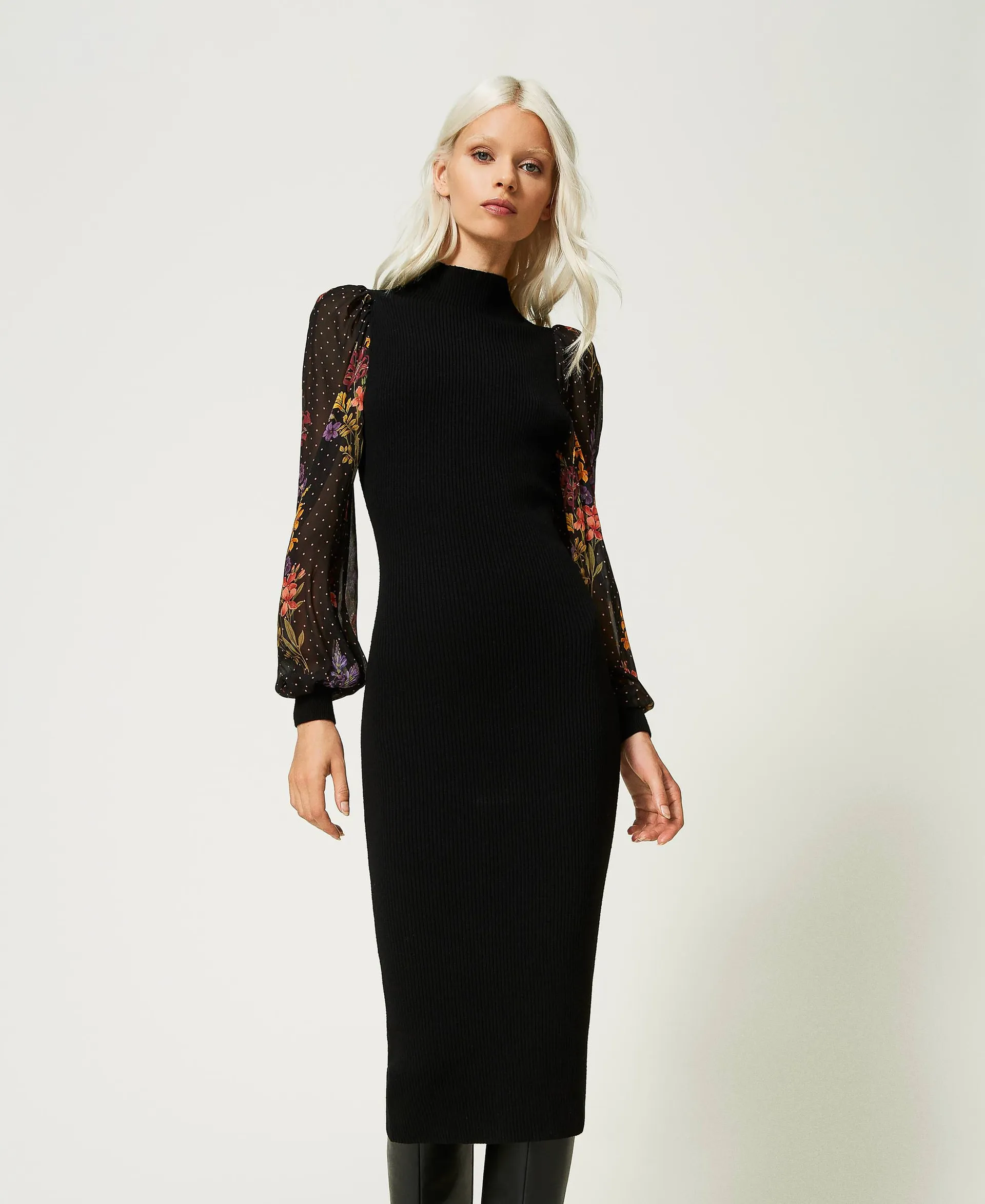 Robe midi en maille et crêpe georgette
