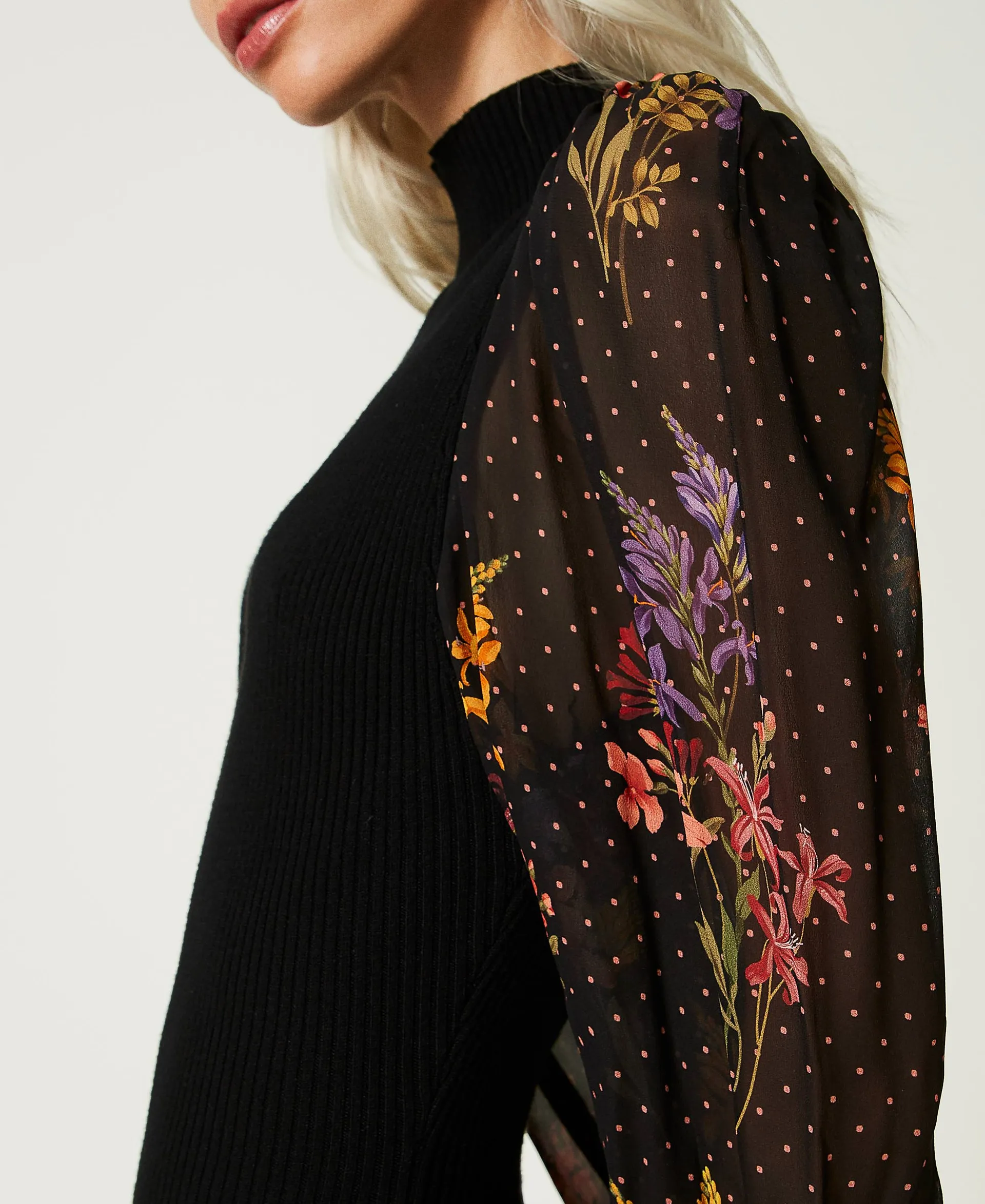 Robe midi en maille et crêpe georgette