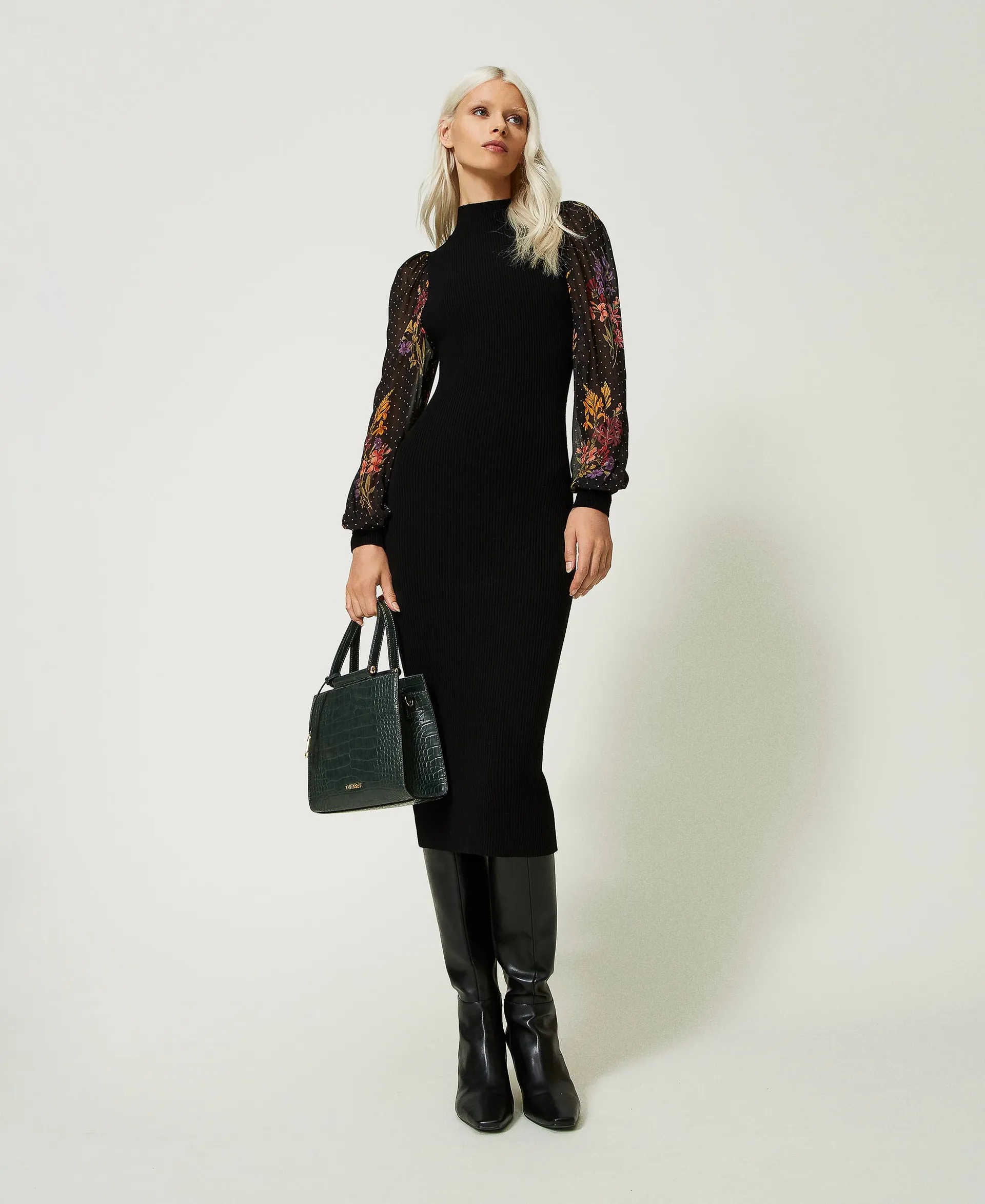 Robe midi en maille et crêpe georgette