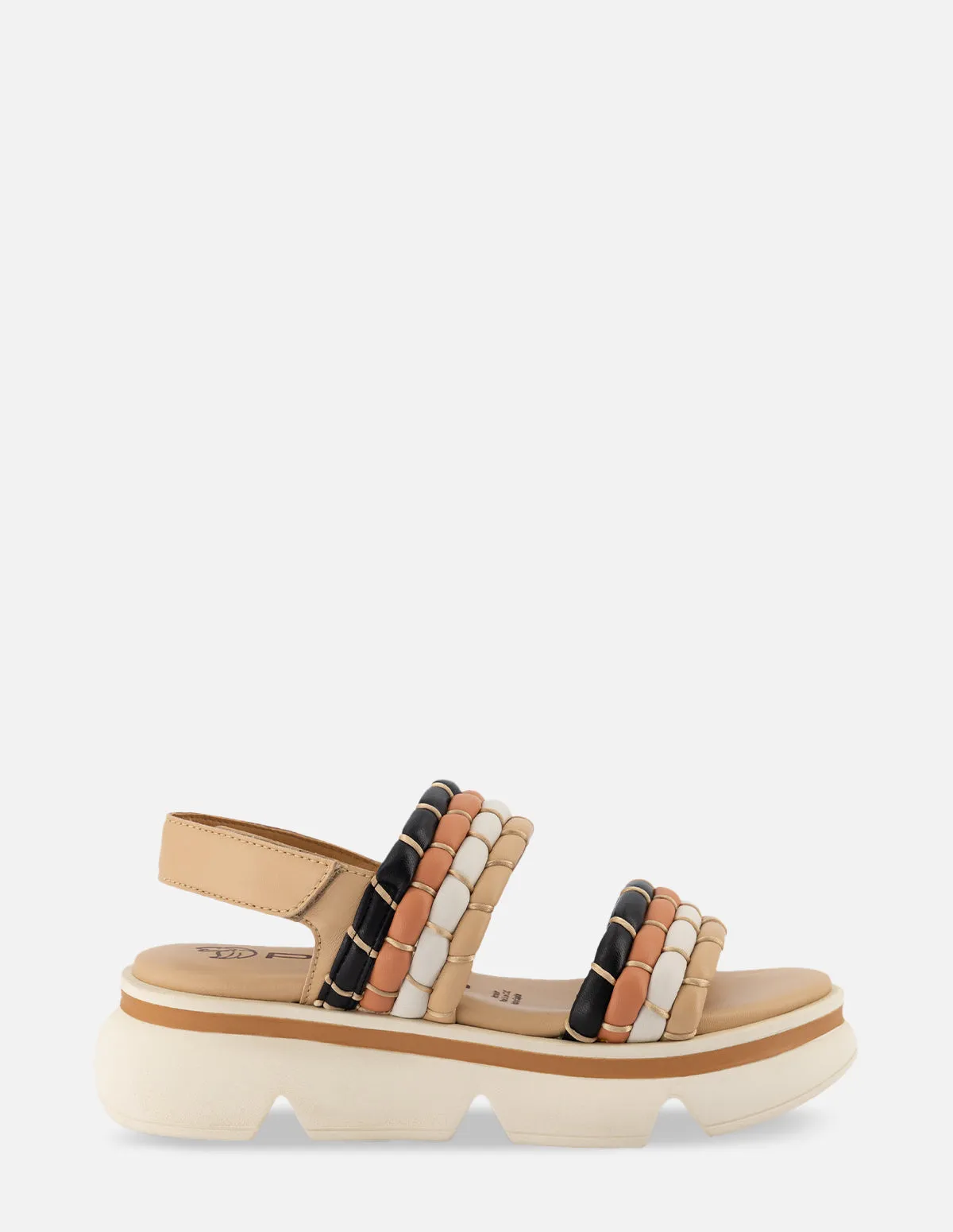 Sandalia de piel con tiras multicolor con detalle en color dorado para mujer
