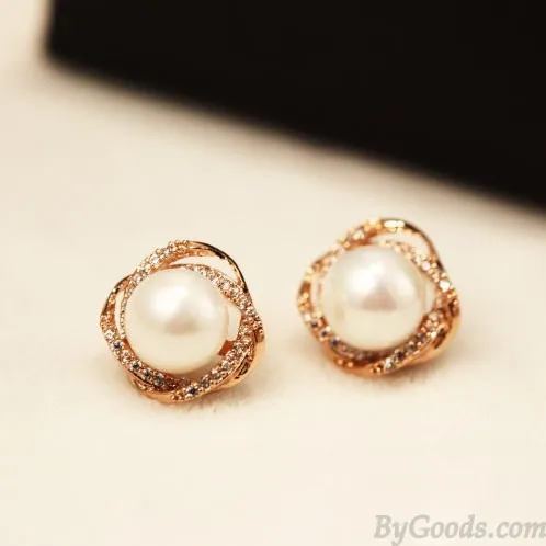 Shining Delicate Pearl Rhinestone Geometry Women Stud Earrings
