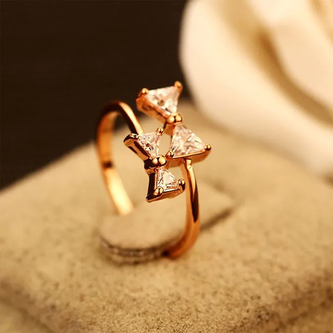 SWEET DOUBLE BOW LADY RING BOWKNOT RHINESTONE OPEN RING
