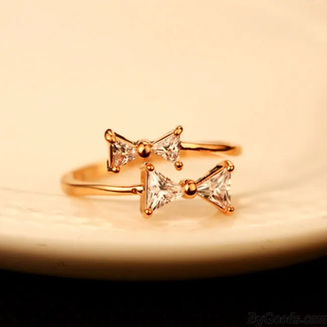 SWEET DOUBLE BOW LADY RING BOWKNOT RHINESTONE OPEN RING