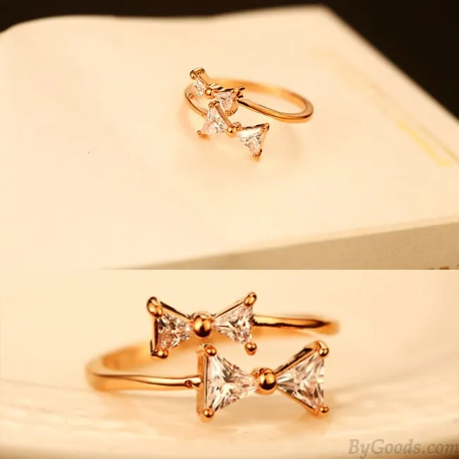 SWEET DOUBLE BOW LADY RING BOWKNOT RHINESTONE OPEN RING