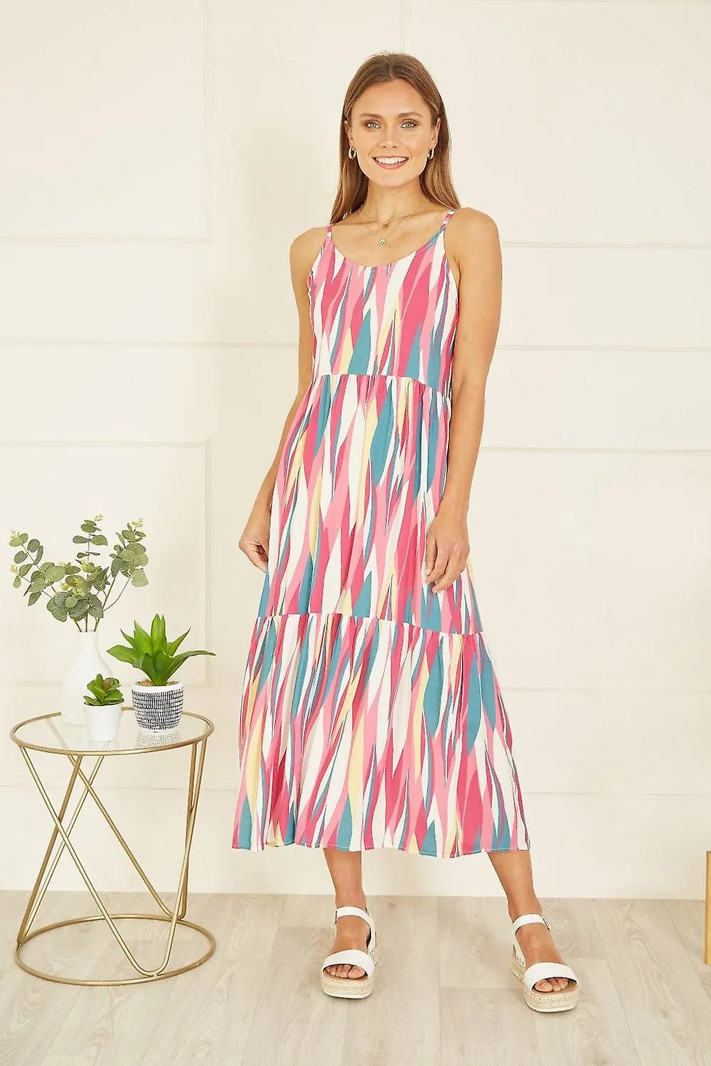Women's Mela London Mela Pink Viscose Abstract Stripe Midi Sundress