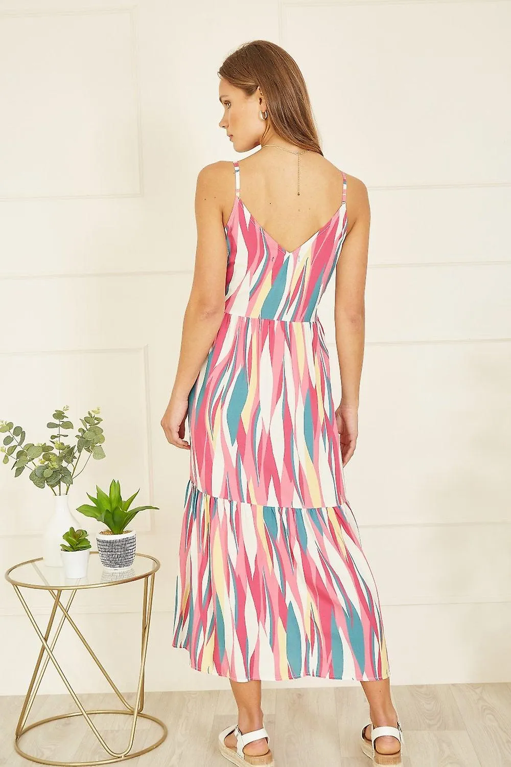 Women's Mela London Mela Pink Viscose Abstract Stripe Midi Sundress